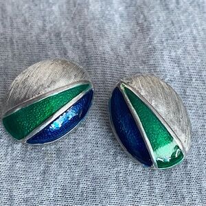 Vintage Mid-Century Enamel Clip Earrings Blue & Green European Silver-Tone